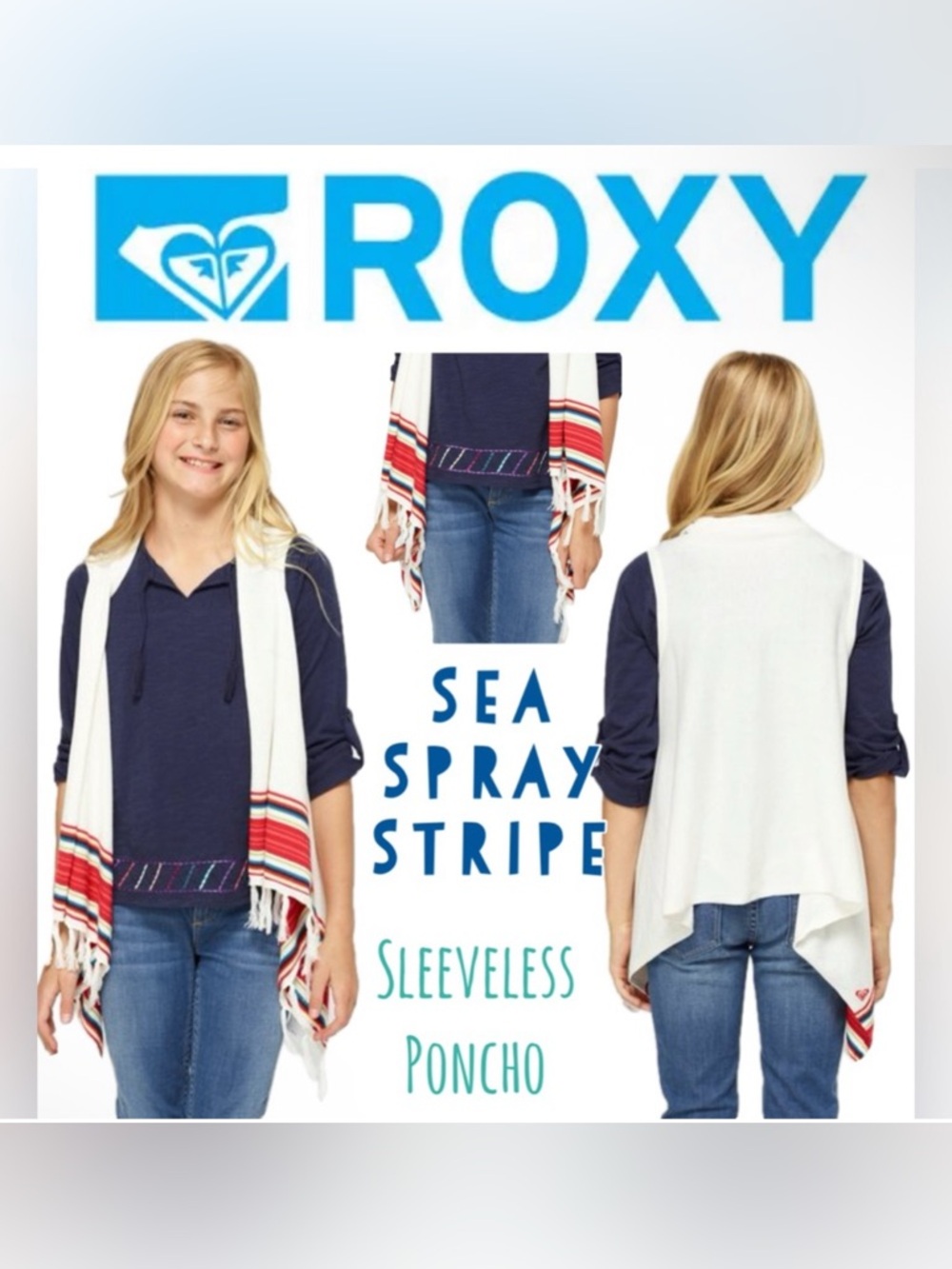 Roxy | Fringed Sleeveless Poncho 🌊 Sea Spray Stripe | S COPY